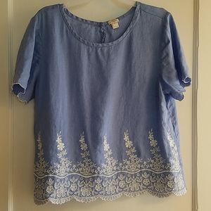 J. Crew Factory Linen Embroidered Scalloped EdgeTop